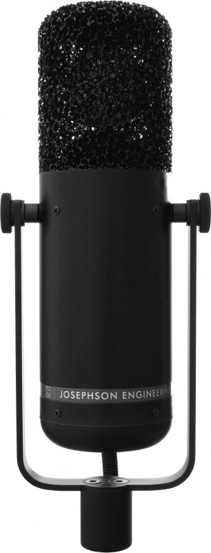 Black cylindrical microphone with mesh top and adjustable side knobs on a mount stand.