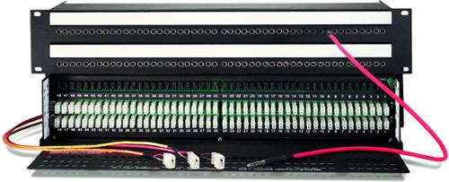 Black rackmount patchbay panel with circular multi-pin connectors and attached wiring harness with small 3-pin connectors.