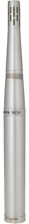 Silver cylindrical microphone with vents near the top and circular multi-pin connector at the bottom.