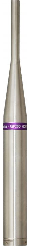 Silver cylindrical microphone with a purple band near the middle showing model text.