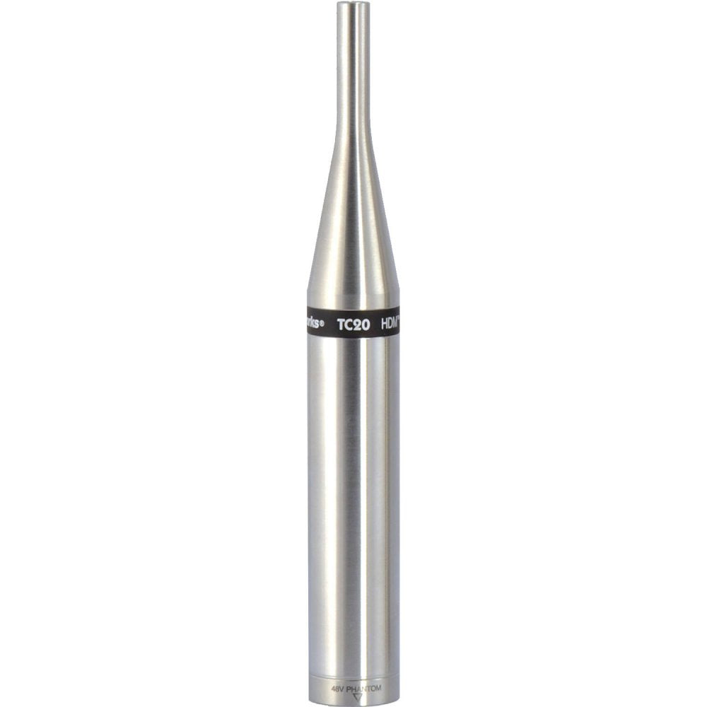 Silver cylindrical microphone with tapered top and black ring labeled TC20 HDMI and 48V PHANTOM text.
