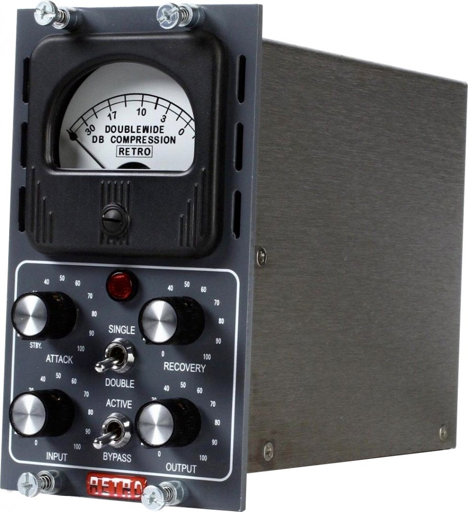 Black and silver vintage-style audio processor with analog meter and multiple knobs and switches on front panel