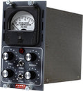 Black and silver vintage-style audio processor with analog meter and multiple knobs and switches on front panel