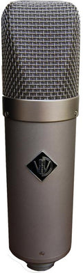 Silver and gray cylindrical microphone with metal mesh grille and a black logo on the body.
