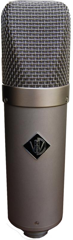 Silver and gray cylindrical microphone with metal mesh grille and a black logo on the body.