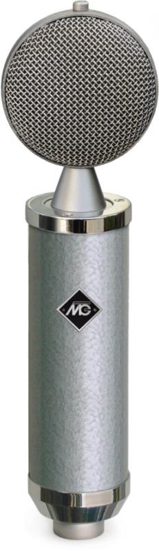Silver cylindrical microphone with mesh grille and MG logo on body is shown upright.