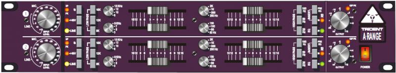 Front panel of a purple Trident A Range audio equipment with knobs, sliders, and indicator lights.