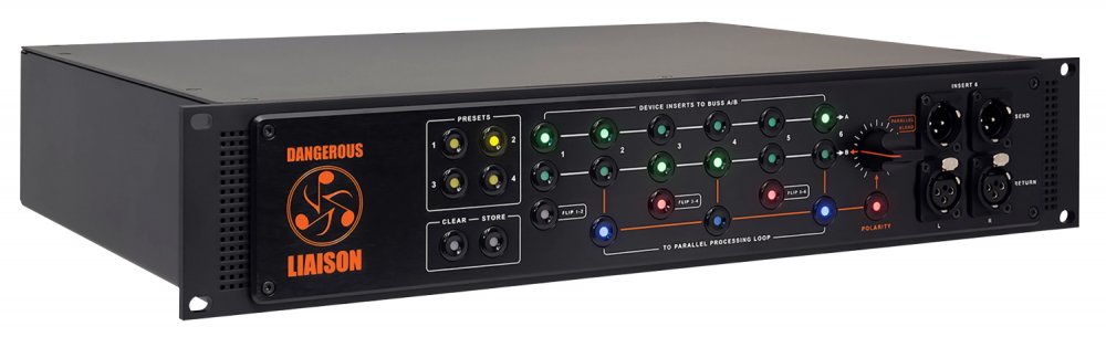 Rackmount audio interface unit with multiple illuminated buttons and rotary knob on front panel and XLR send and return connectors.