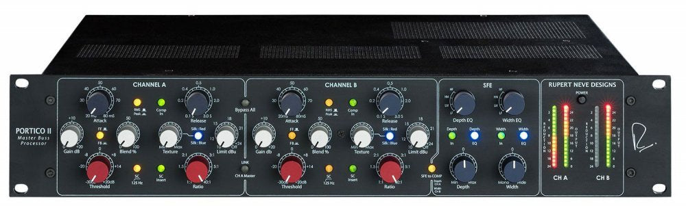 Black Portico II Master Buss Processor audio unit with multiple knobs, buttons, and LED meters for two channels.