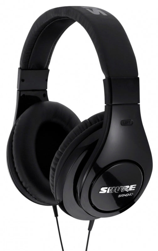 Black over-ear wired headphones with cushioned ear pads and headband labeled SHURE SRH240.