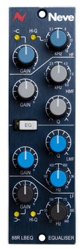 Front panel of a Neve 88R LBEQ audio equaliser module with multiple knobs and an EQ toggle switch.