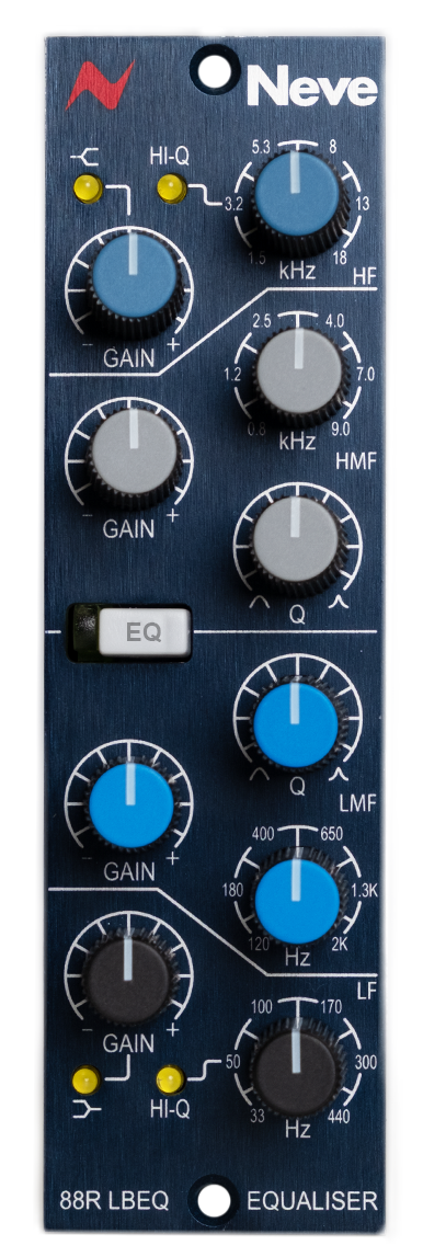 Front panel of a Neve 88R LBEQ audio equaliser module with multiple knobs and an EQ toggle switch.