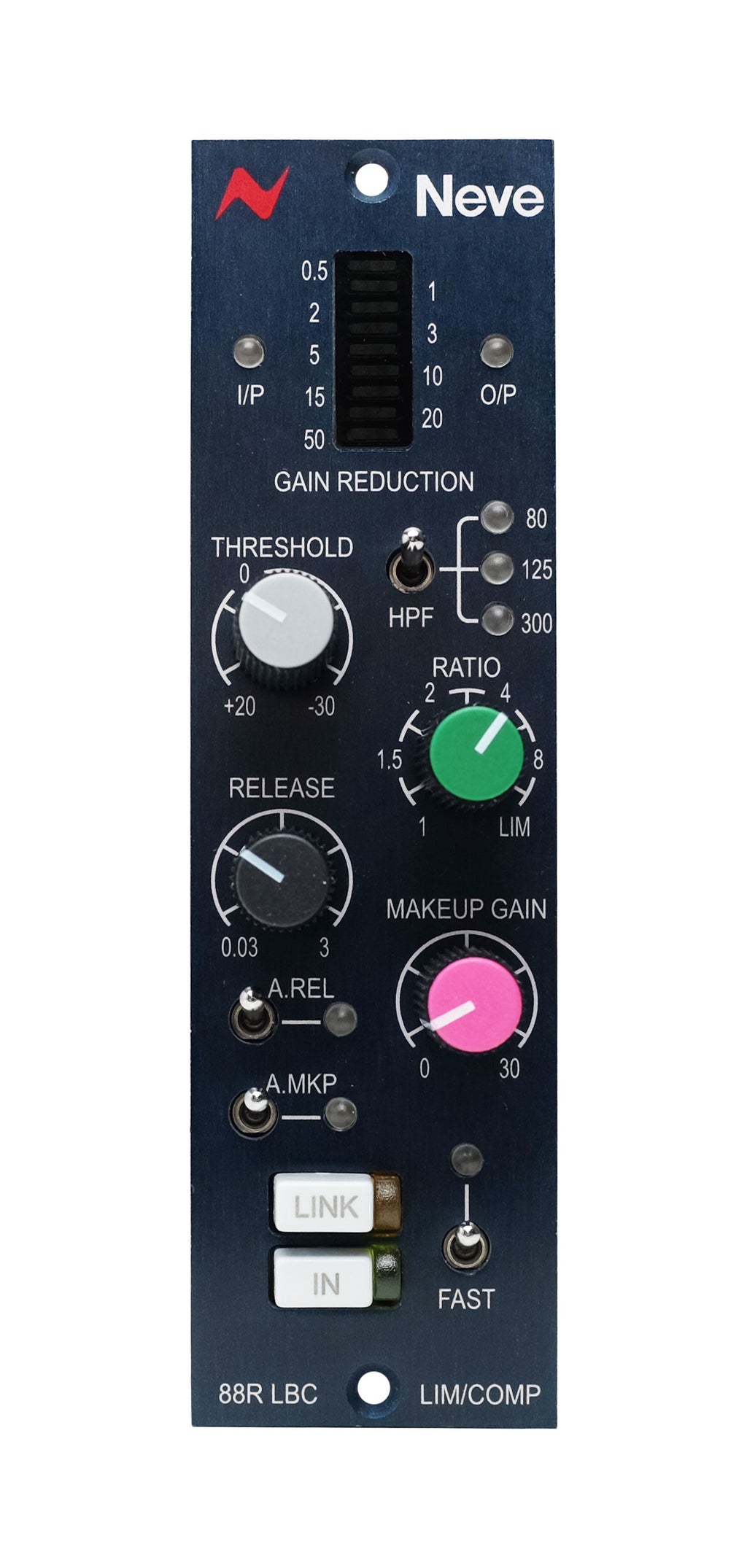 Front panel of a Neve 88R LBC audio processor module with knobs, switches, buttons, and gain reduction meter.