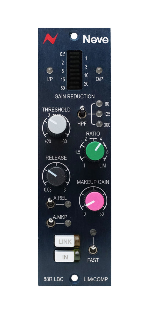 Front panel of a Neve 88R LBC audio processor module with knobs, switches, buttons, and gain reduction meter.