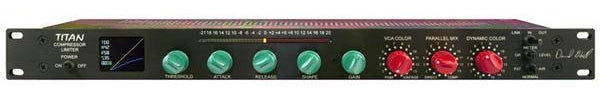 Front panel of a Titan compressor limiter audio processor with multiple control knobs and indicator lights.