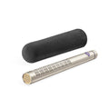 Silver cylindrical microphone with black foam windscreen beside it on a white background.