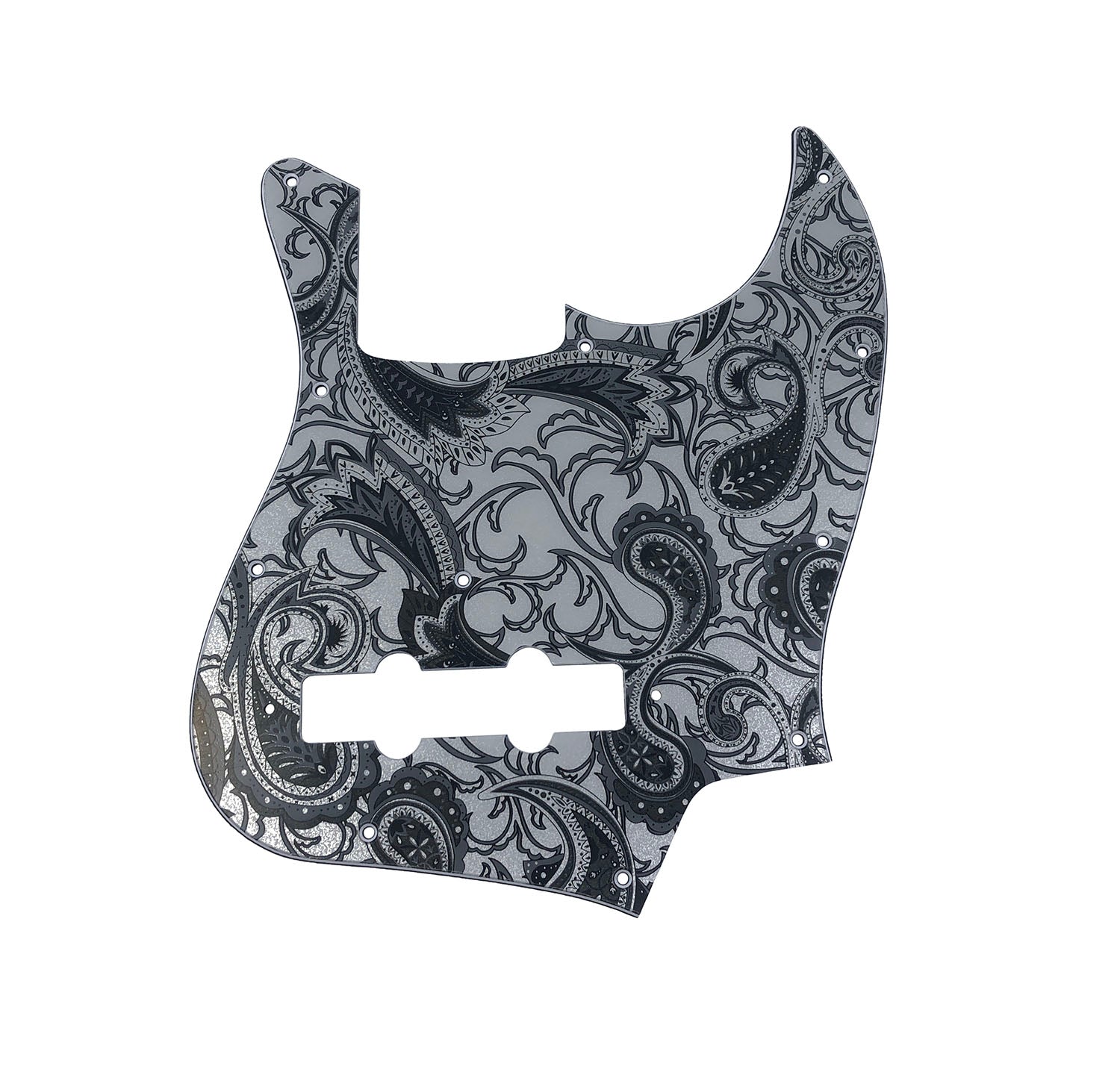 Grey paisley patterned pickguard with cutouts for pickups and mounting screws on a white background.