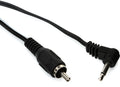 Black cable with a 3.5mm right-angle male plug and a silver RCA male plug on each end.