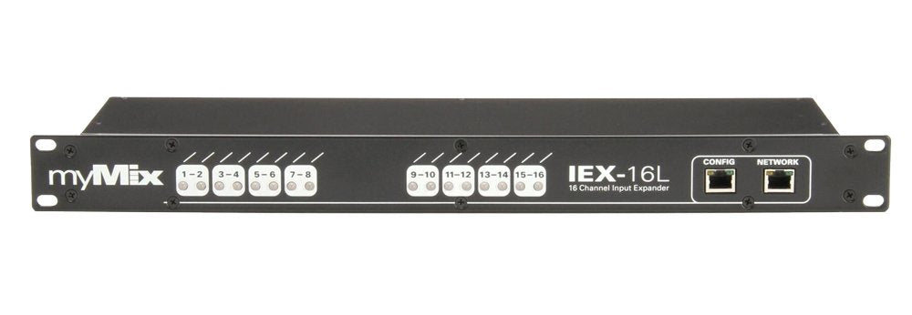 Black rackmount audio device with 16 channel indicators and two Ethernet ports labeled CONFIG and NETWORK.