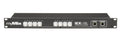 Black rackmount audio device with 16 channel indicators and two Ethernet ports labeled CONFIG and NETWORK.