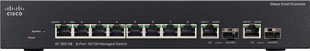 Front view of a black Cisco 8-port 10/100 managed switch with additional fiber optic connectors and reset button.