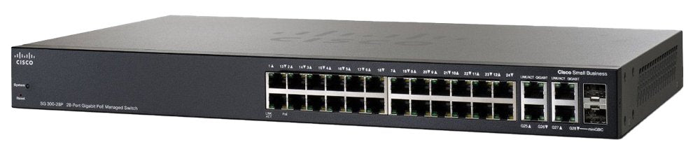 Black Cisco 28-port gigabit PoE managed switch with multiple Ethernet and fiber optic ports.