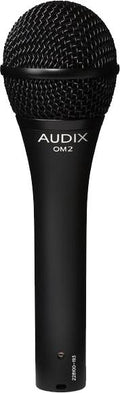 Black handheld microphone with mesh grille and AUDIX OM2 label on the body.