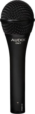Black handheld microphone with a metal mesh grille and AUDIX OM7 printed on the handle.