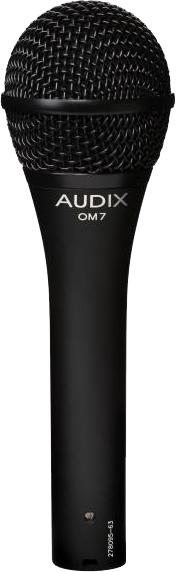 Black handheld microphone with a metal mesh grille and AUDIX OM7 printed on the handle.
