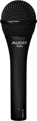 Black handheld microphone with metal grille and AUDIX OM5 text on the body.