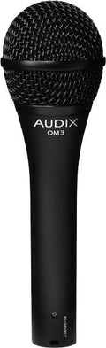 Black handheld microphone with a metal mesh grille and AUDIX OM3 branding on the handle.