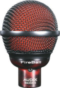 Red and black metal microphone head with mesh grille labeled FireBall and AUDIX visible.