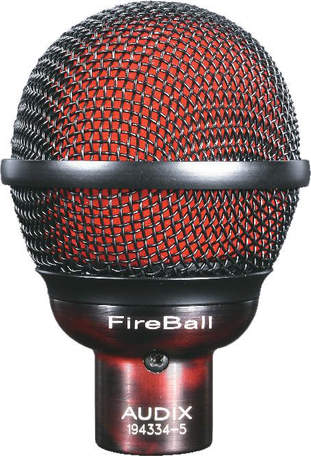 Red and black metal microphone head with mesh grille labeled FireBall and AUDIX visible.