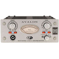 Front panel of a silver Avalon V5 audio preamplifier with knobs, switches, a VU meter, and input jack.