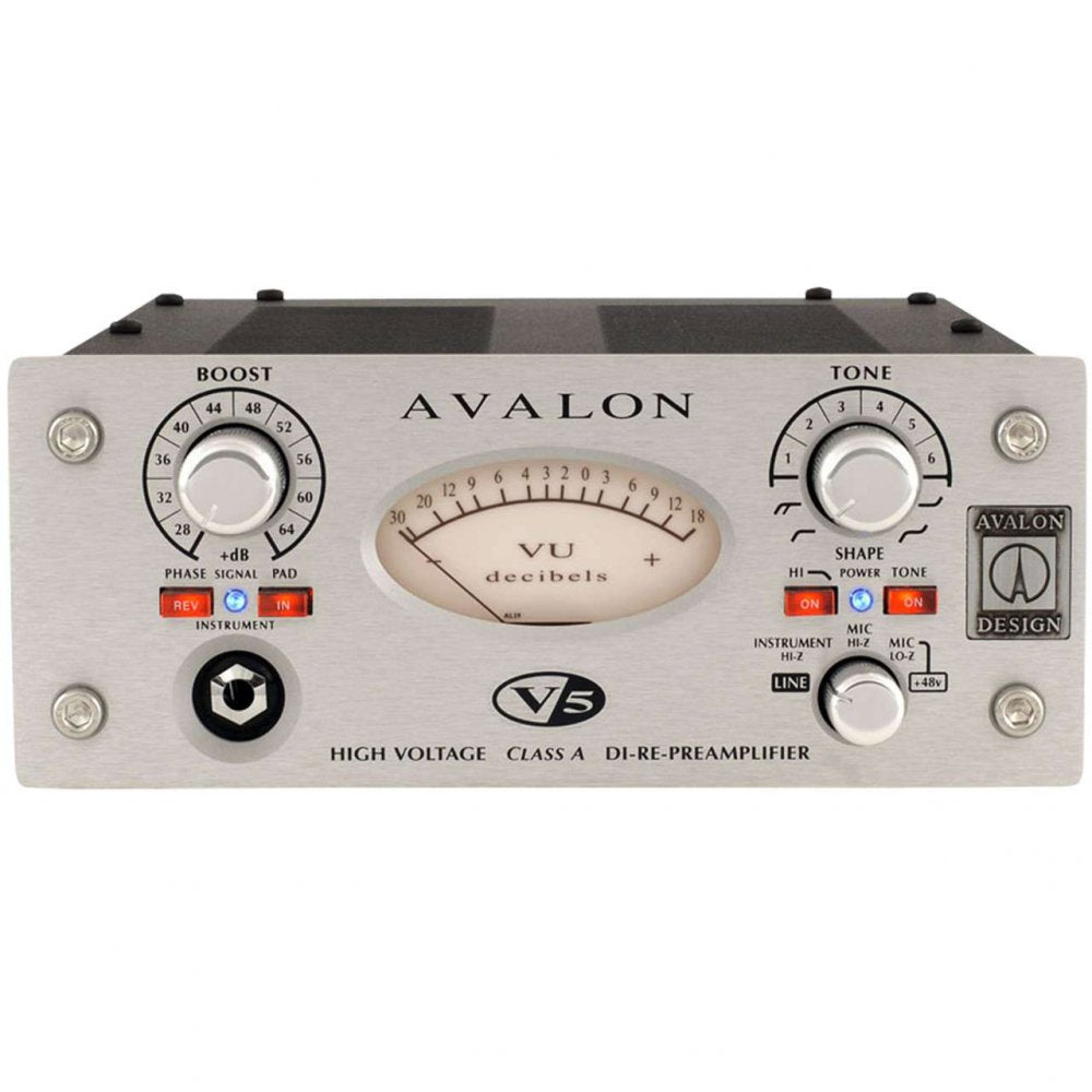 Front panel of a silver Avalon V5 audio preamplifier with knobs, switches, a VU meter, and input jack.