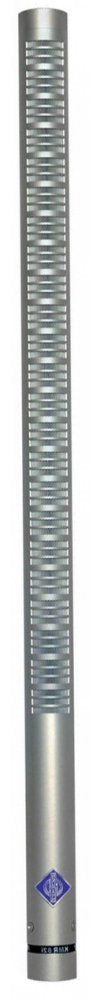 Long cylindrical silver microphone with blue logo and black band near the base.