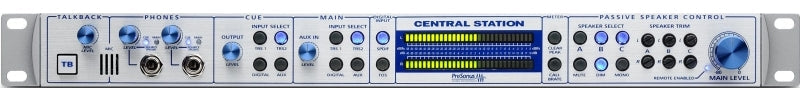 Front panel of a PreSonus Central Station Plus audio monitor controller with multiple knobs, buttons, jacks, and LED meters.