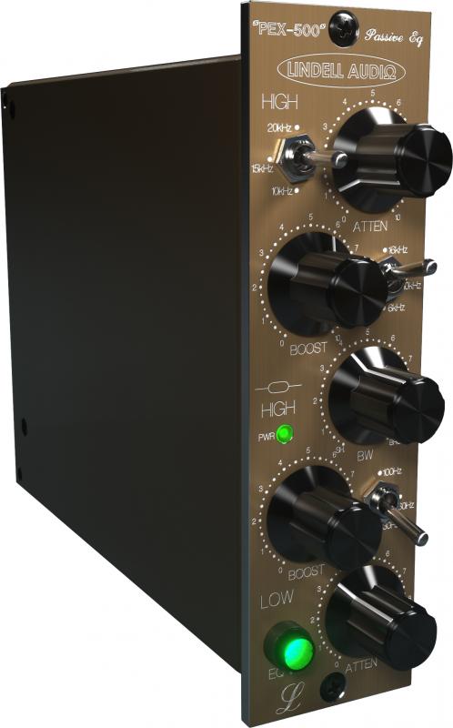 Black and brown audio processor module with knobs and toggle switches labeled for frequency and EQ control.