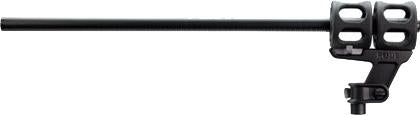 Long black shotgun microphone mounted on a stand adapter, with RODE branding on the mount.