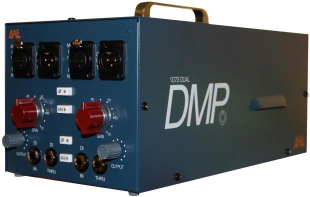 Blue metal desktop audio preamp unit with dual XLR inputs, several knobs and switches, and gold handle on top.