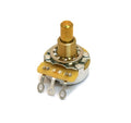Single rotary potentiometer with three solder lugs and a threaded shaft on white background.