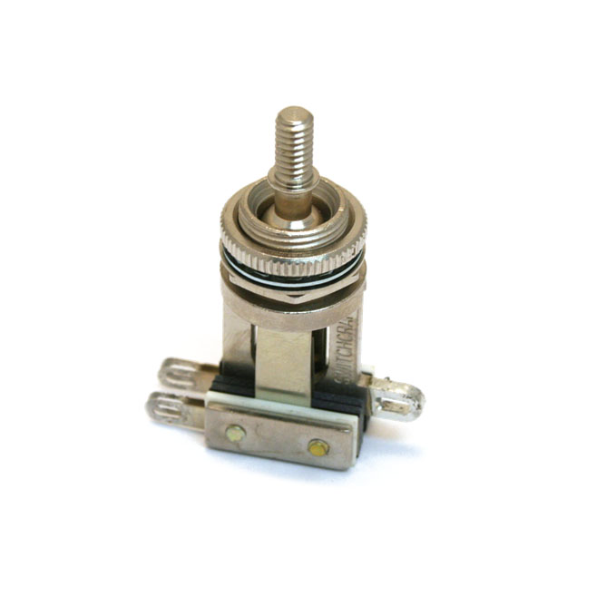 Silver metal tone selector switch with three terminals and a knurled adjustment ring on white background