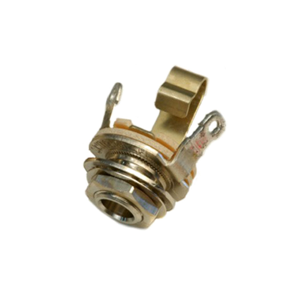 Close-up of a metal guitar output jack with mounting nut and terminals on white background.