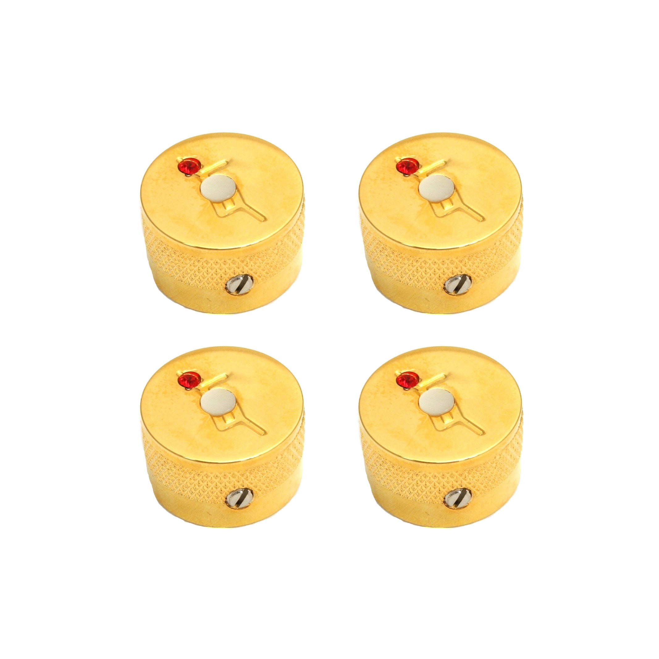Set of four gold-colored metal control knobs with red indicator markings and screws visible on the side.