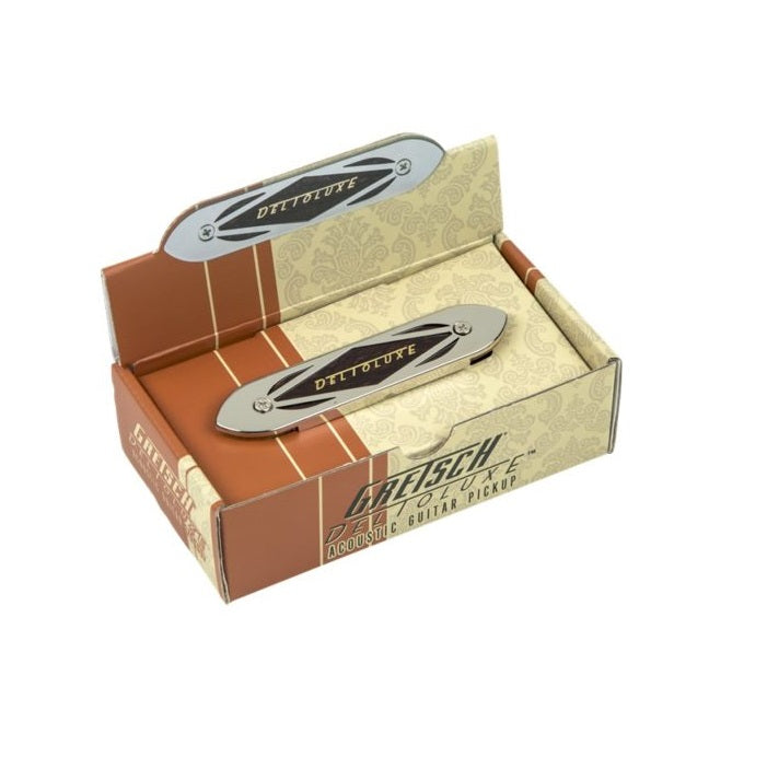 Silver metal Gretsch Deltoluxe pickup shown in an open branded cardboard box.