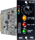 Close-up of a Millennia HV-32 audio control module with knob and indicator lights for mic preamp functions.