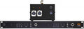 Rackmount dual channel audio device with gain knobs, XLR and 1/4 inch connectors, and a black power supply unit.