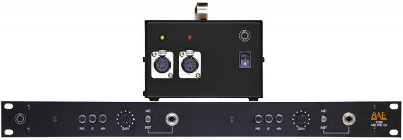 Rackmount dual channel audio device with gain knobs, XLR and 1/4 inch connectors, and a black power supply unit.