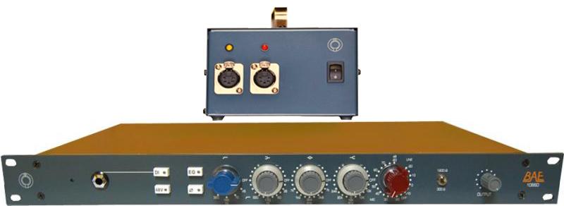 Blue and orange rackmount microphone preamp with knobs and separate blue power supply box with connectors and switch.