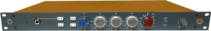 Front panel of a BAE 19-inch rackmount audio device with knobs, a switch, and a 1/4 inch jack input.